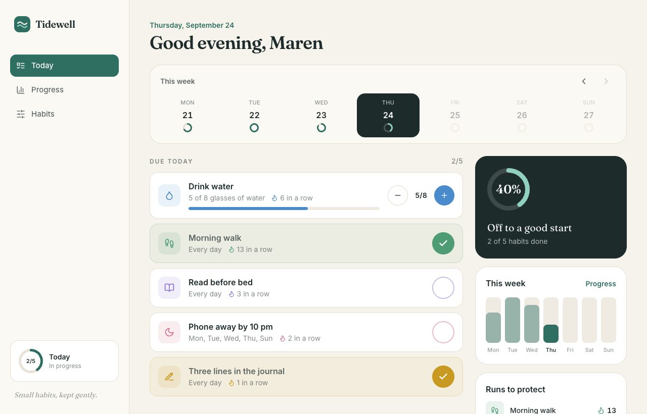 Tidewell — Habit tracker app preview